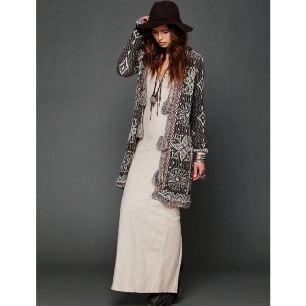 Free People Hooded Long Knit Cardigan in Brown, Cream & Rust